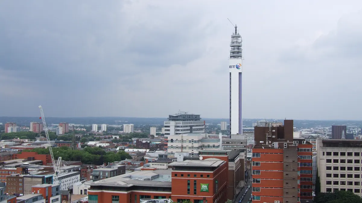 The Birmingham skyline with the BT Tower rising above the city centre rooftops