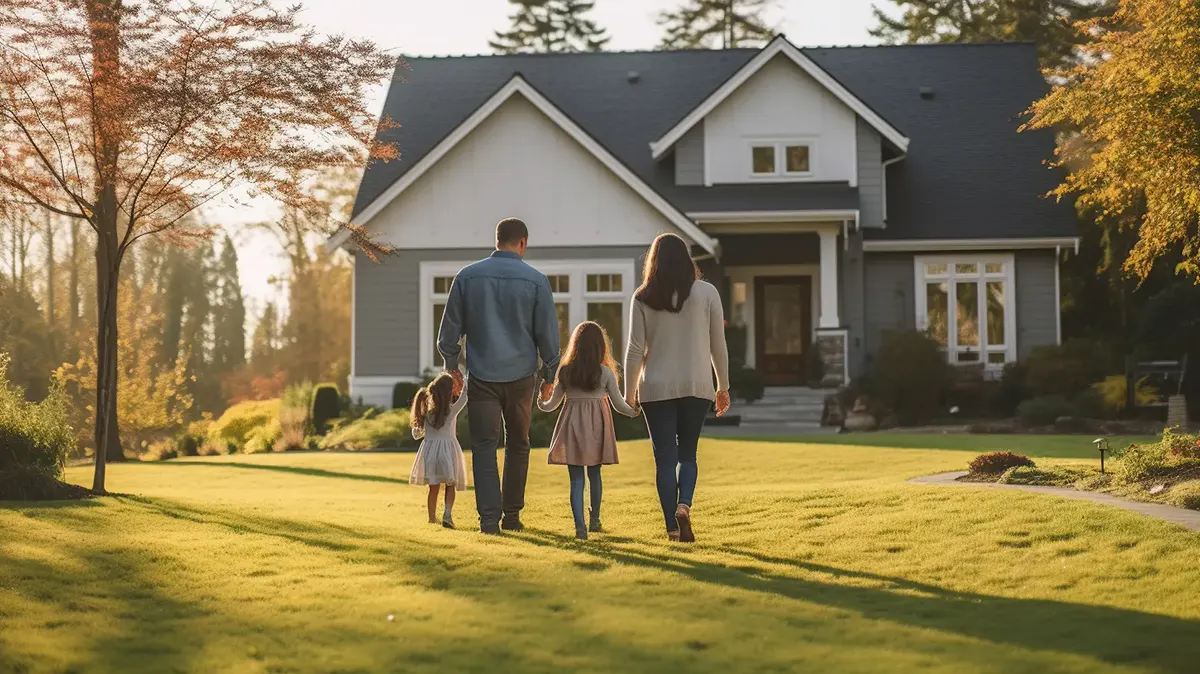 A family walking across the lawn towards a house in warm evening light