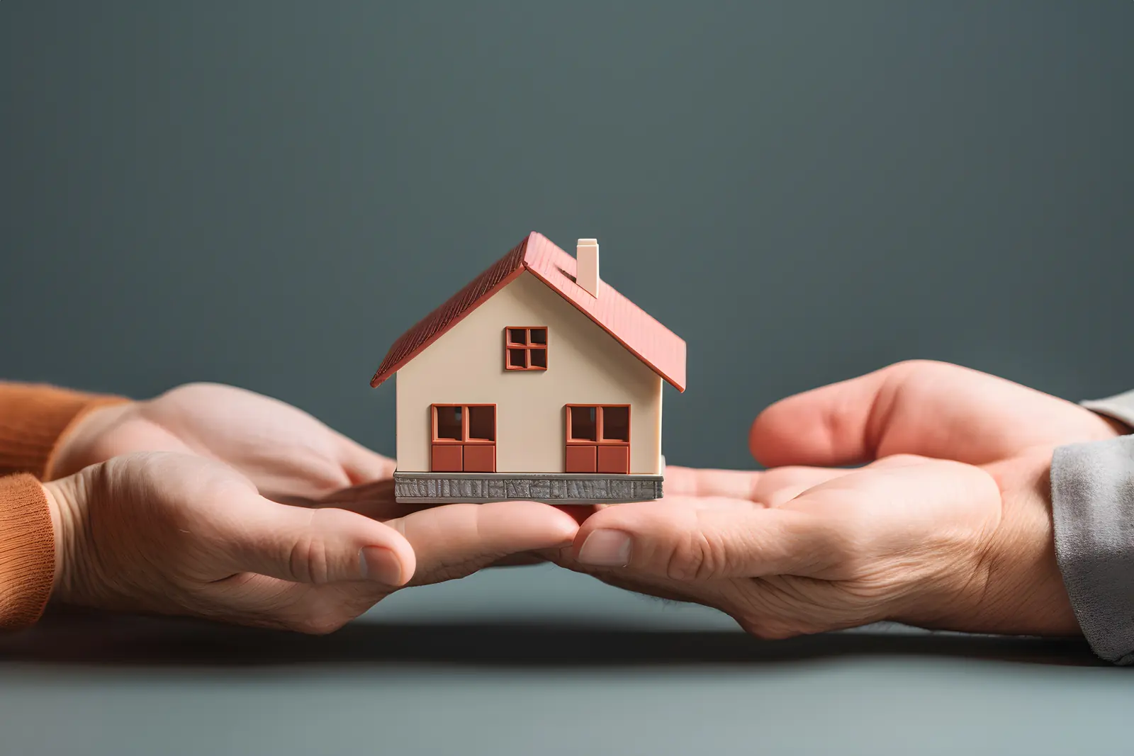 Two pairs of hands passing a small model house to each other